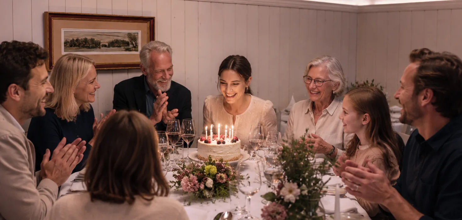 Familie und Freunde sitzen gemeinsam an einem festlich gedeckten Tisch und feiern einen Geburtstag, während das Geburtstagskind die Kerzen auf einer Torte ausbläst