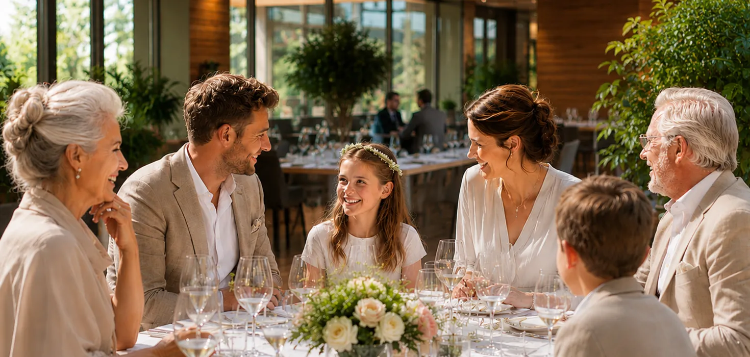 Mehrere Generationen einer Familie sitzen gemeinsam an einem festlich gedeckten Tisch und unterhalten sich lächelnd bei einem gemeinsamen Essen