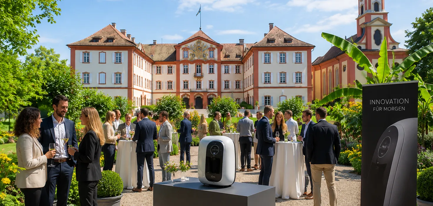 Produktpräsentation im Garten vor Schloss Mainau mit Gästen und ausgestelltem Gerät