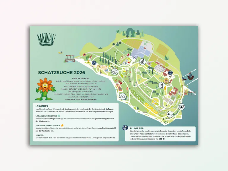 Illustrierte Schatzsuche-Karte der Insel Mainau mit Stationen und Hinweisen