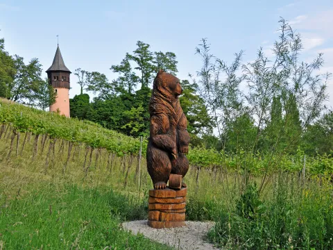 Klotzbeute im Insektengarten der Insel Mainau, im Hintergrund der Schwedenturm