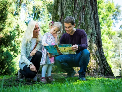 Familie mit zwei Erwachsenen und einem Kind kniet auf Gras vor einem Baumstamm und betrachtet gemeinsam eine Schatzkarte