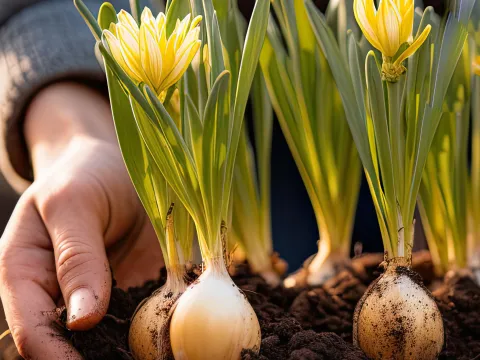 Blumenzwiebeln mit Erde bedeckt und einer Hand