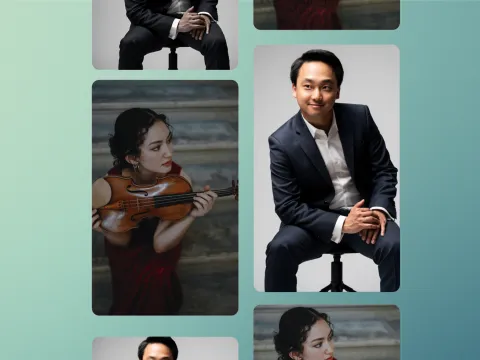 Collage mit Bilder von Moe Dierstein im roten Kleid und einer Geige in der Hand sowie Junho Yeo, der einen Anzug trägt und auf einem Hocker sitzt