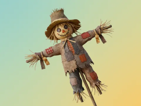 Ein Strohpuppe in Bekleidung und Hut, die ihre Arme ausstreckt