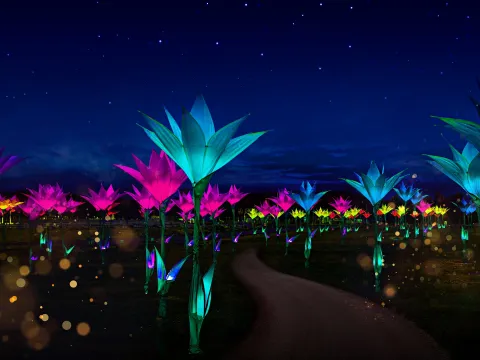 Leuchtende bunte Blüten in einer nächtlichen Gartenlandschaft unter Sternenhimmel