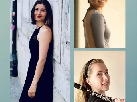 Collage mit Porträts von drei Musikerinnen; eine der Frauen hält eine Querflöte über der Schulter