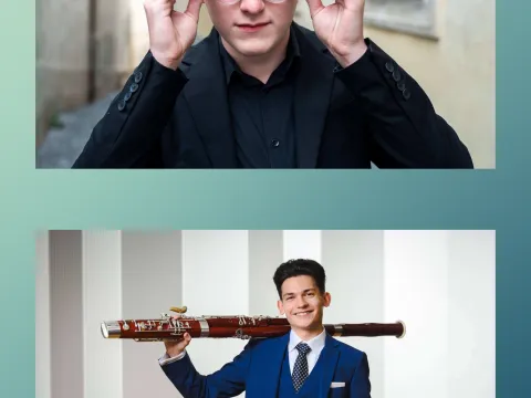Porträtcollage von zwei Musikern: oben ein Mann mit Brille, unten ein Mann im Anzug mit einem Fagott auf der Schulter