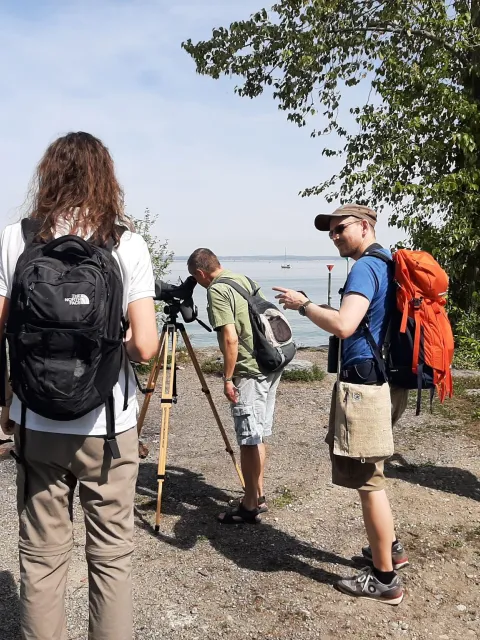 Seminar Wasservögel entdecken Eine Gruppe Menschen beobachtet an einem See Wasservögel