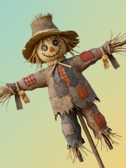 Ein Strohpuppe in Bekleidung und Hut, die ihre Arme ausstreckt
