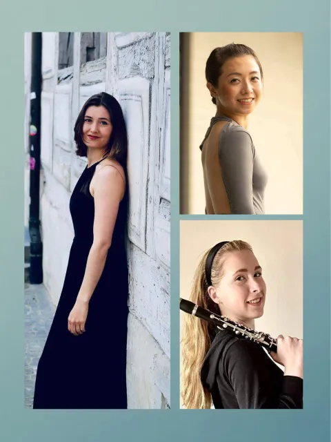 Collage mit Porträts von drei Musikerinnen; eine der Frauen hält eine Querflöte über der Schulter