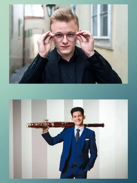 Porträtcollage von zwei Musikern: oben ein Mann mit Brille, unten ein Mann im Anzug mit einem Fagott auf der Schulter