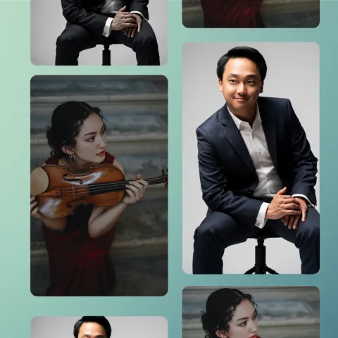 Moe Dierstein und Junho Yeo Collage mit Bilder von Moe Dierstein im roten Kleid und einer Geige in der Hand sowie Junho Yeo, der einen Anzug trägt und auf einem Hocker sitzt
